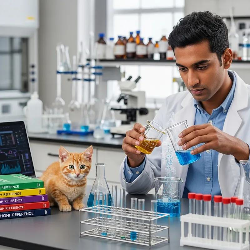 Young Scientist Conducts Experiment with Beakers in Laboratory Young Scientist Conducts Experiment with Beakers in Laboratory