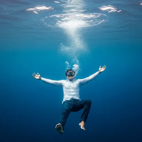 Sinking South Asian Man in Ocean Depths