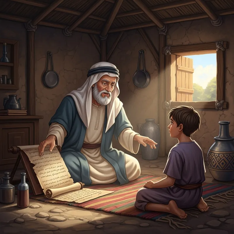 Elderly Sheikh Teaching Young Boy in Ancient Hut