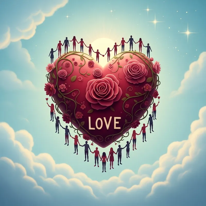 Symbolic Image of Unity and Love: Diverse People Holding Hands Around Giant Heart Symbolic Image of Unity and Love: Diverse People Holding Hands Around Giant Heart