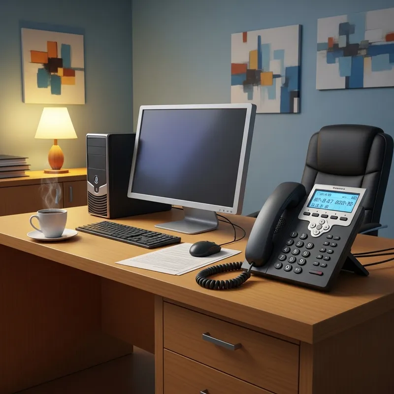 Modern Office with Telephone and Coffee | Productive Workspace