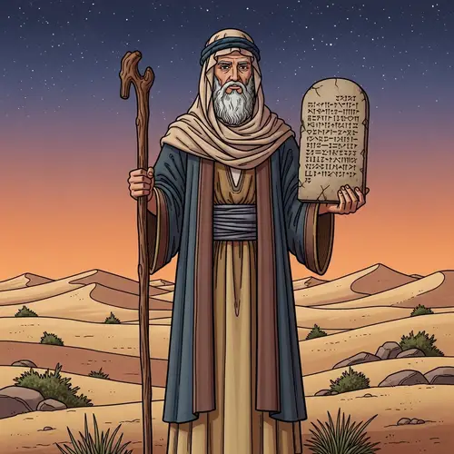 Ancient Middle Eastern Prophet Holding Stone Tablet and Staff