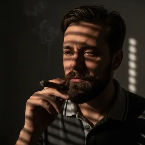 Somber Portrait of a Bearded Man with Cigar