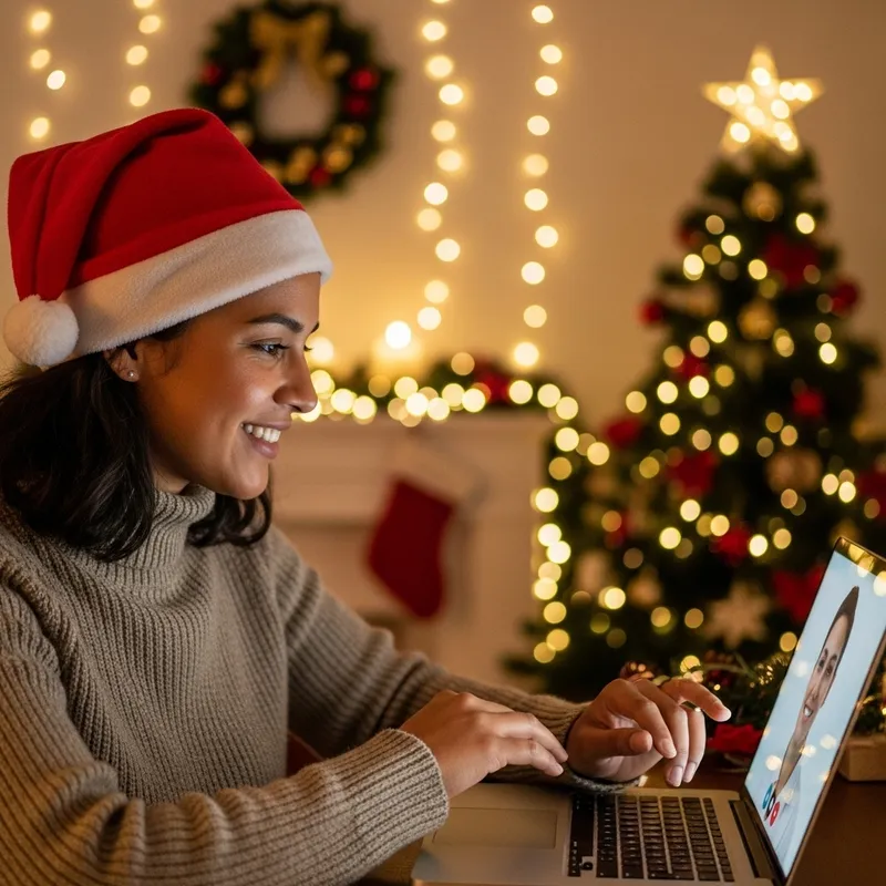 Festive Virtual Consultation with Smiling Individual and Holiday decorations