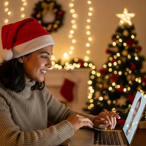 Hispanic Person Virtual Consultation with Holiday Decorations
