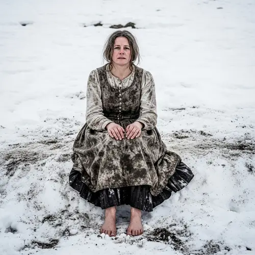 Woman in Soiled Gown Seated on Snow | Striking Winter Contrast