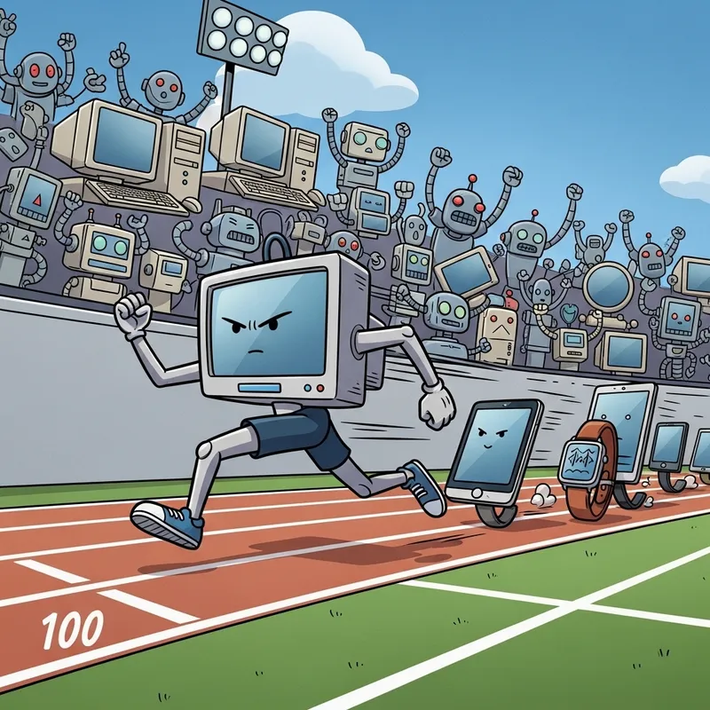 Comic Computer Running 100m Race - Tech Gadgets in Action Comic Computer Running 100m Race - Tech Gadgets in Action