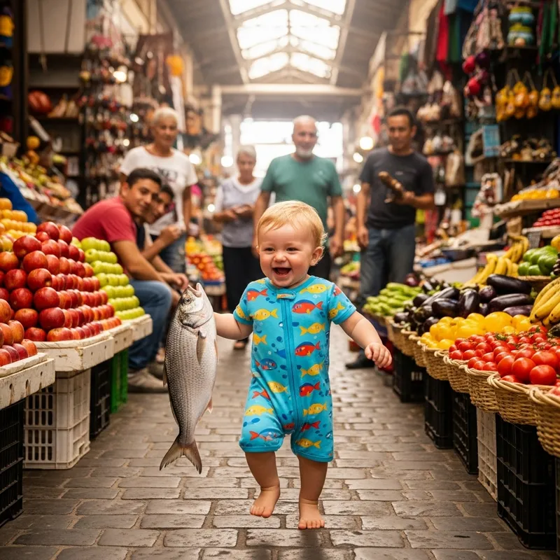 Cute Caucasian Baby Running in Marketplace with Fish