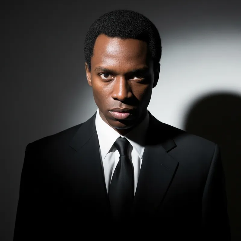 African American Patrick Bateman Portrait in Sleek Monochromatic Suit