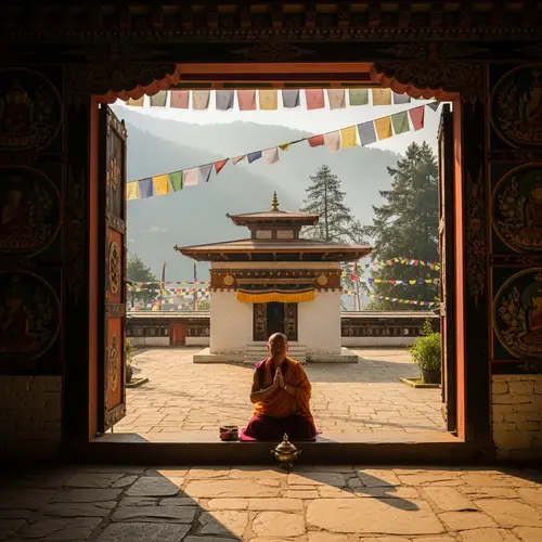 Tranquil Bhutanese Landscape: Spiritual Temple in Green Valleys