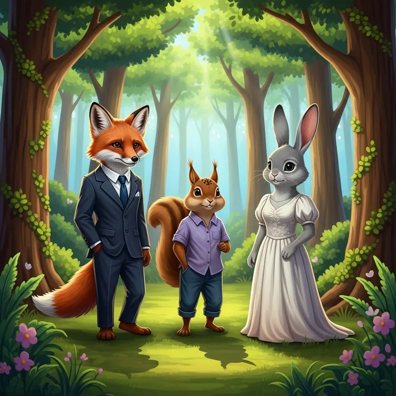 Charming Anthropomorphic Fox, Squirrel, and Rabbit