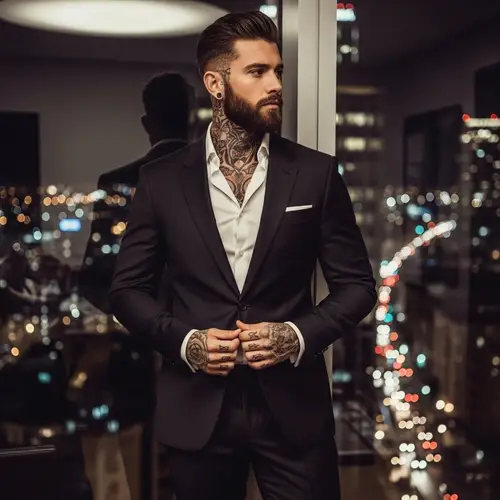 Charismatic Italian Man in Bespoke Black Suit and Intricate Tattoos
