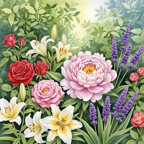 Watercolor Painting of Lush Garden with Peony and Colorful Flowers