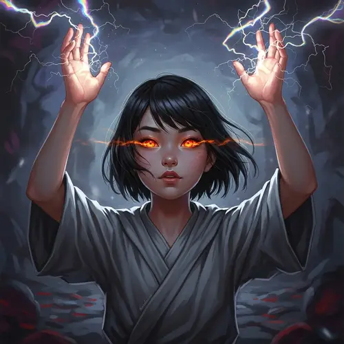 Young Asian Girl Summoning Iridescent Lightning - Dark Fantasy Art