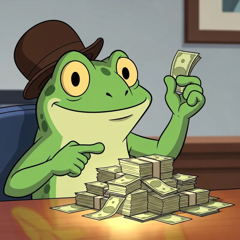 Joyful Cartoon Frog Counting Money in Bowler Hat