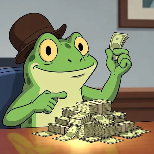 Joyful Cartoon Frog Counting Money in Bowler Hat