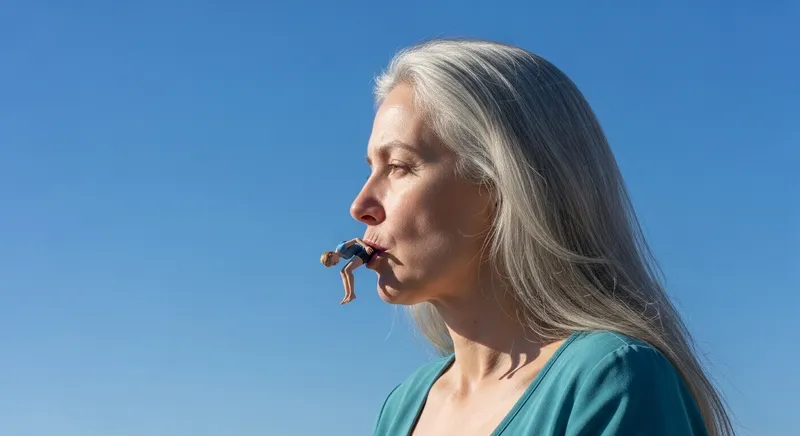 Surreal Encounter: Giantess and Unharmed Figure Under Azure Sky