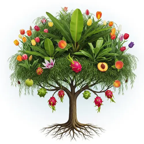 Exotic Plant Organism: Oak Tree Trunk, Weeping Willow Branches, Banana Leaves, Tulip Flowers, Dragon Fruit with Peach Succulence