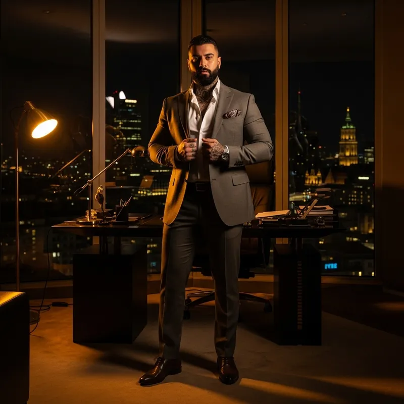 Powerful German Executive in Tailored Suit Overlooking Nighttime Skyline Powerful German Executive in Tailored Suit Overlooking Nighttime Skyline