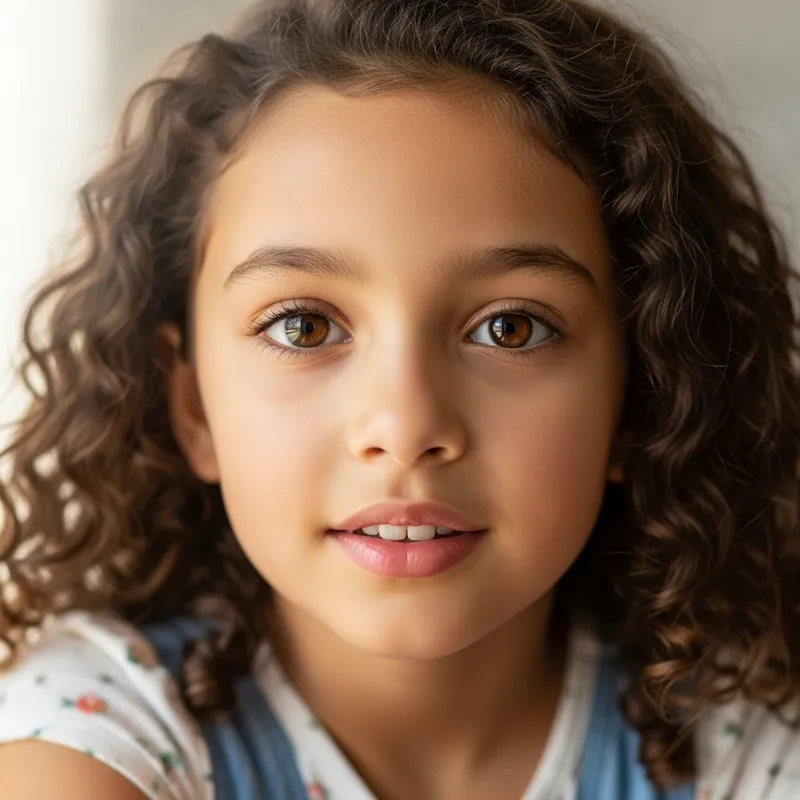Adorable 8-Year-Old Girl with Curly Hair and Beautiful Skin