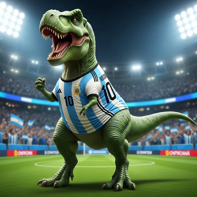 Vibrant Green T-Rex Cheering in Argentina Football Jersey