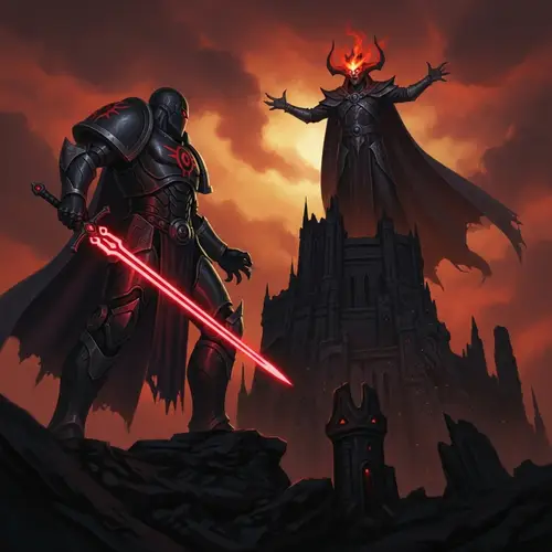 Epic Fantasy Art Showdown: Towering Figure vs. Dark Sorcerer