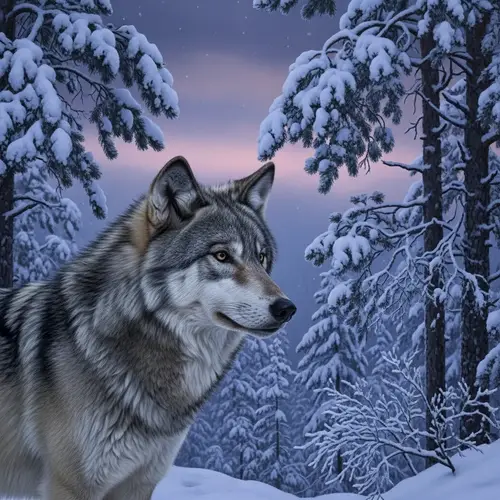 Majestic Lobo in Snowy Pine Forest | Wildlife Photography