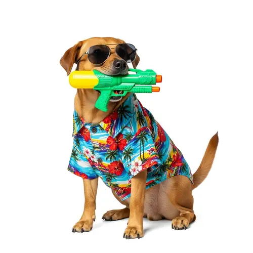 Colorful Hawaiian Shirt Dog with Water Gun | Summer Fun