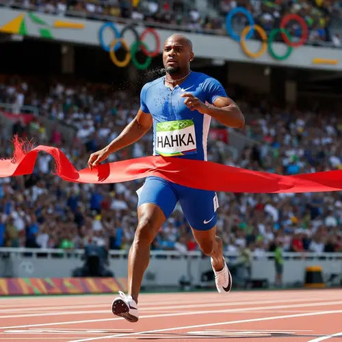 Diverse Male Athlete Breaks Red Ribbon at Olympic Finish Line