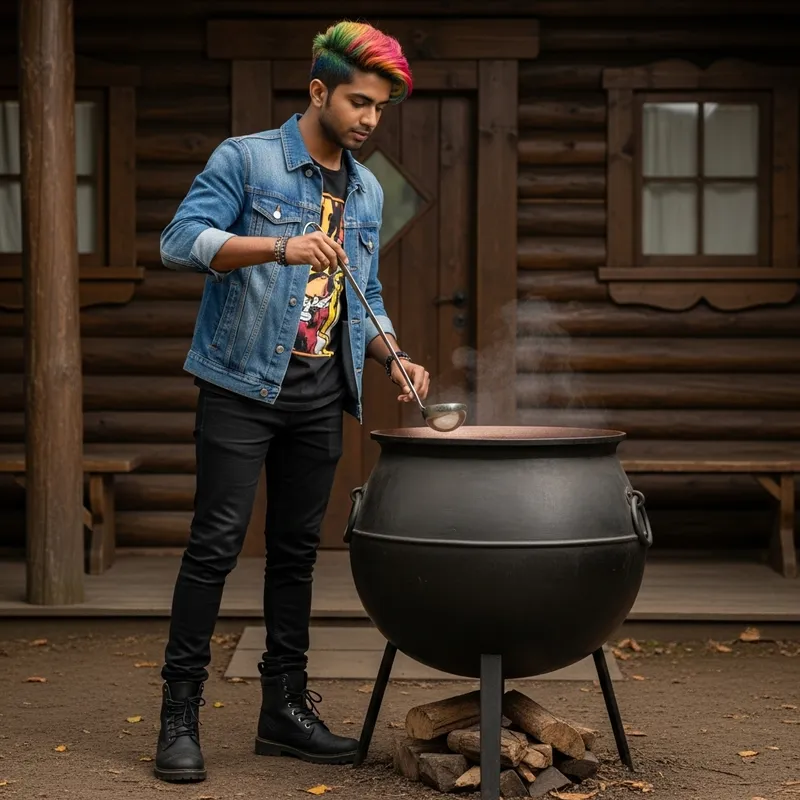 Cute South Asian Male Stirring Cauldron | Colorful Hair