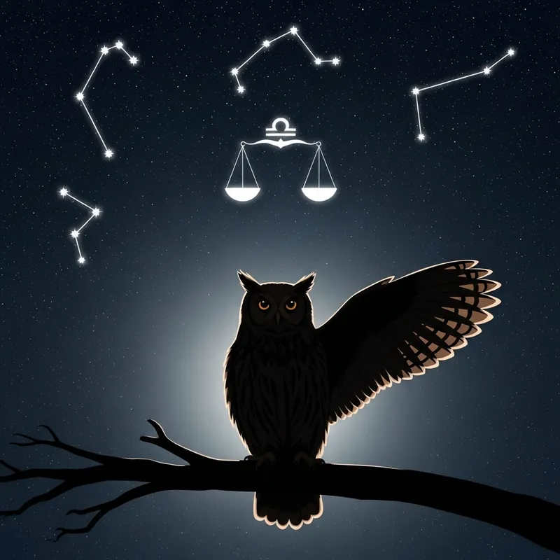 Tranquil Owl Night Scene with Libra Constellation Tranquil Owl Night Scene with Libra Constellation