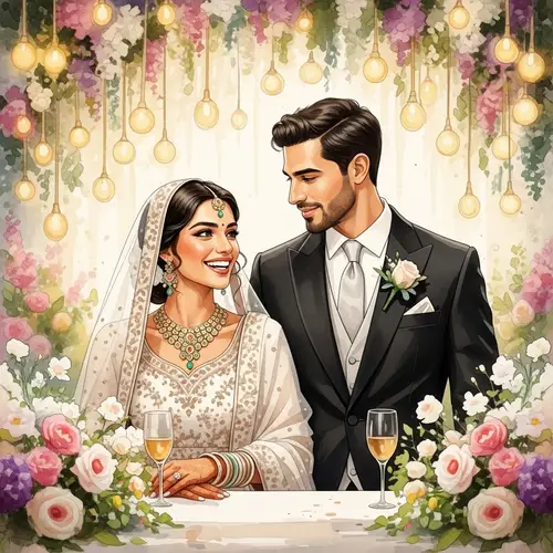 Bride and Groom Watercolor Wedding Scene - Joyful Celebration