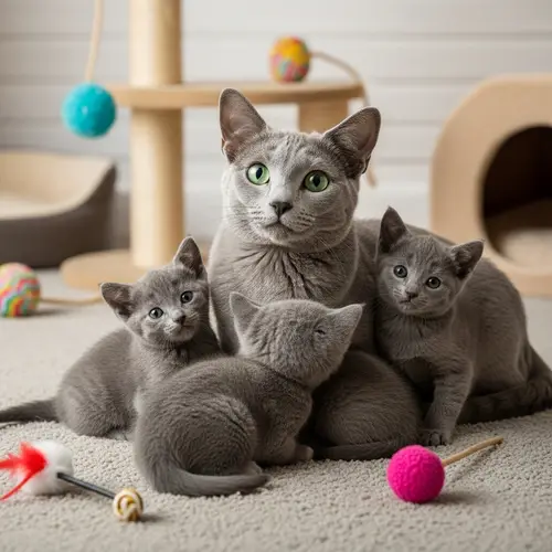 Joyful Blue Russian Cat Surrounded by Family-Inspiring Scene