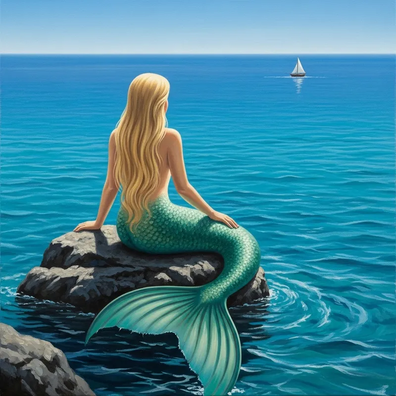 Blond Siren Sitting on Rock in Ocean with Sailing Boat View Blond Siren Sitting on Rock in Ocean with Sailing Boat View