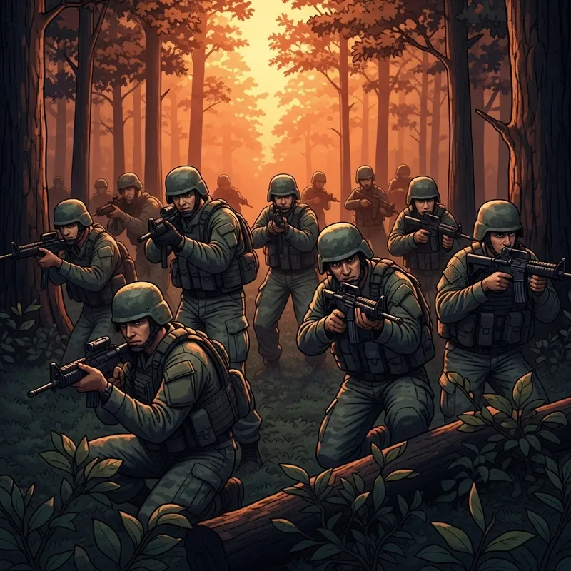 Vigilant Soldiers Defending Against Enemy in Forest