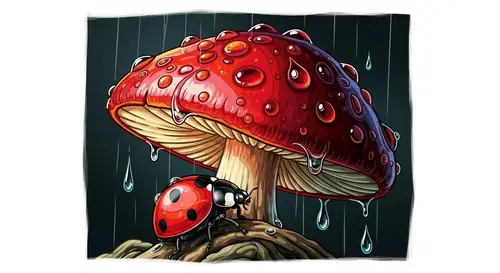 Tiny Ladybug Seeking Shelter Under Vibrant Red Mushroom Artwork