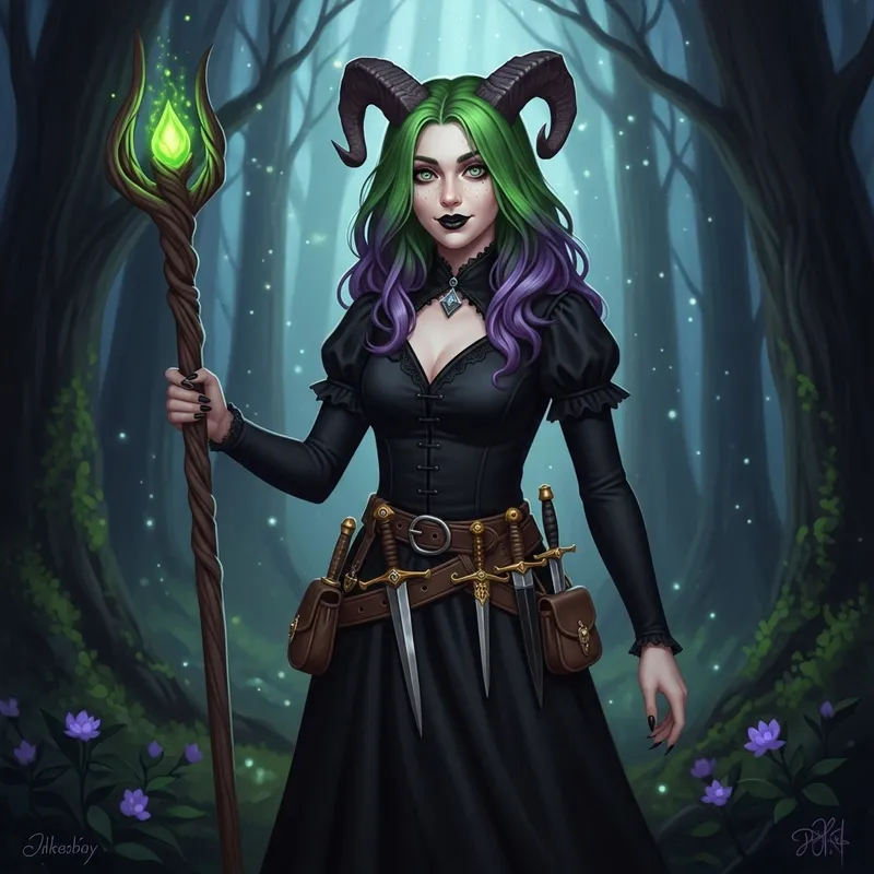 Enchanting Tiefling Sorceress Girl in Gothic Fantasy Setting
