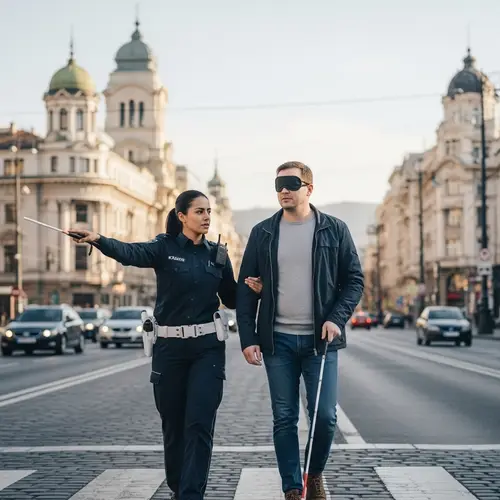 Hispanic Police Officer Helping Blind Man Cross Sofia Street