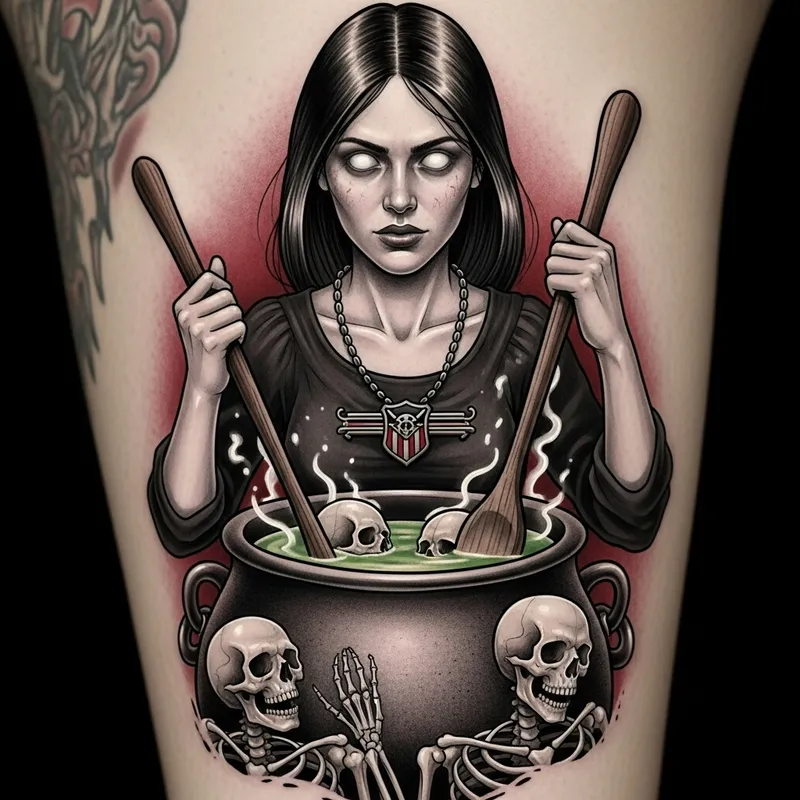Eerie Wench Tattoo with Skeletons - Haunting Ink Design