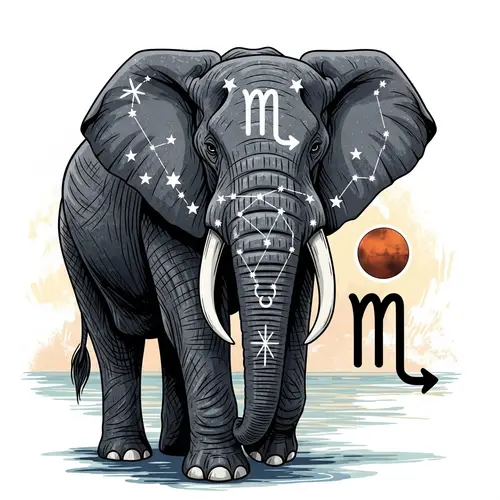 Graceful Elephant with Scorpio Astrological Symbol and Ruling Planet