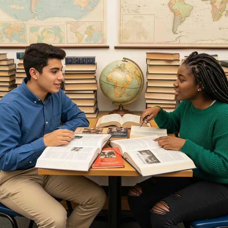Young Hispanic Male and Black Female Engage in Historical Dialogue at Library