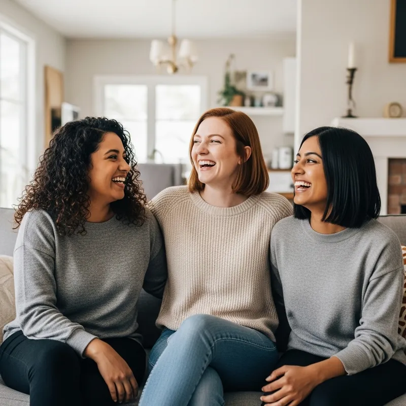 Three Female Friends Laughing Together at One's Home - Heartfelt Moments