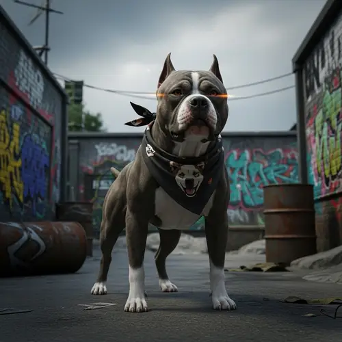 Intimidating Street Canine with Dog Bandana | Urban Backdrop