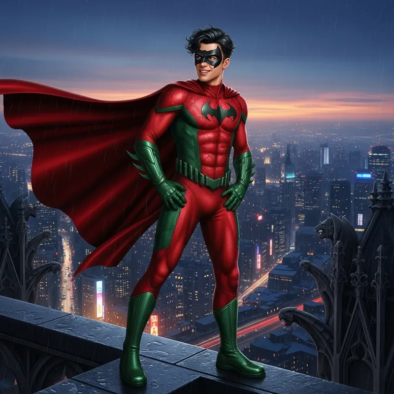 Richard Grayson: DC's Heroic Young Man in Red and Green on Rooftop