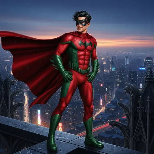 Heroic Agile Young Man in Red and Green Costume on City Rooftop