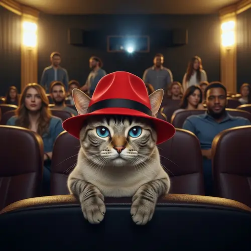 Cat with Blue Eyes and Red Hat in Cinema