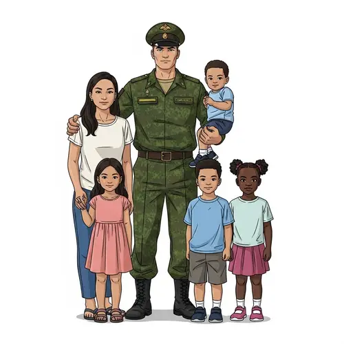 Russian Military Man Standing Proudly with Diverse Family Illustration
