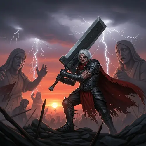 Grim Dark Fantasy World: Sunset Warrior with Ultra-Heavy Sword