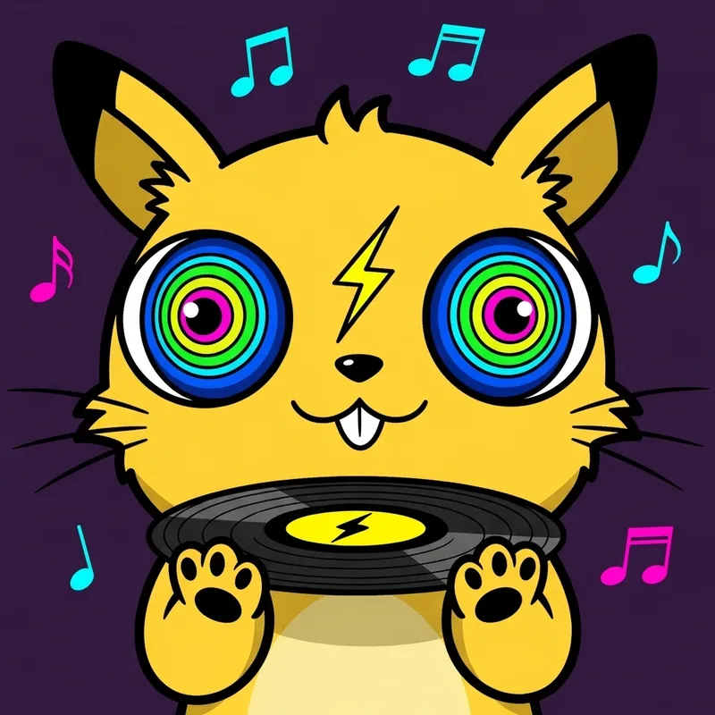 Close-Up Pikachu Holding Vinyl Record | Vibrant Digital Illustration