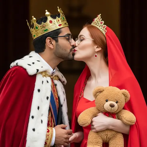 Middle Eastern King & Caucasian Queen Kiss with Teddy Bear